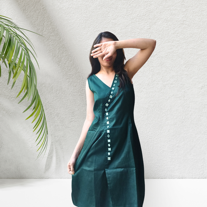 Emerald Green Mirror-Work A-Line Dress - Lataree
