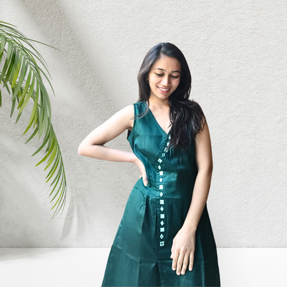 Emerald Green Mirror-Work A-Line Dress - Lataree