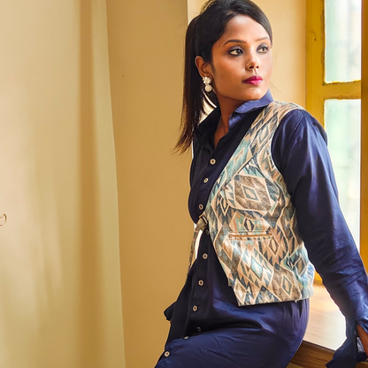 Blue-Gray Printed Cutaway Vest - Lataree