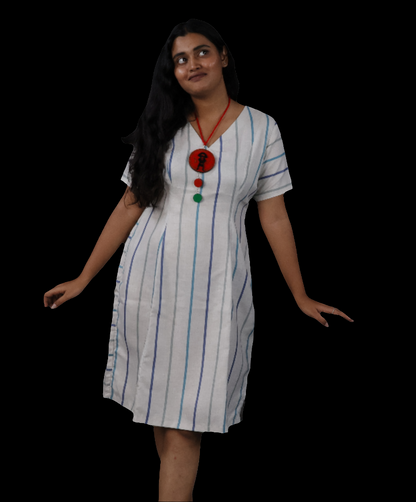 LATAREE Cream Striped A-Line Dress – Soft Fabric & Timeless Design
