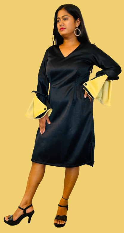 Black Bodycon Dress with Dual-Tone Bell Sleeves - Lataree