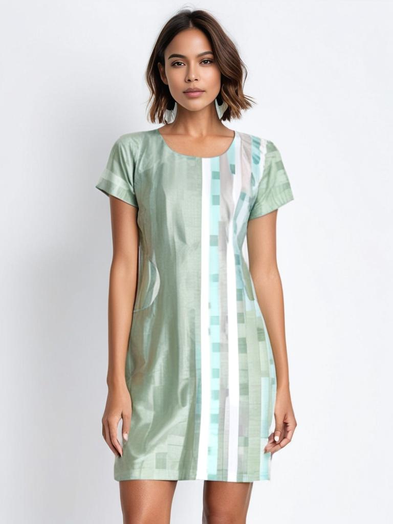Mint Green Mini Dress with Patch Pockets & Abstract Stripes - Lataree