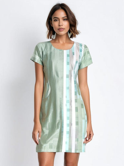 Mint Green Mini Dress with Patch Pockets & Abstract Stripes - Lataree