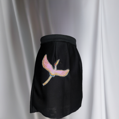 Black A-Line Skirt with Pink Swan Embroidery - Lataree