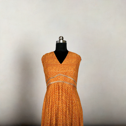LATAREE Mustard Golden Full-Length Flared Gown with V-Neckline – Elegant & Premium