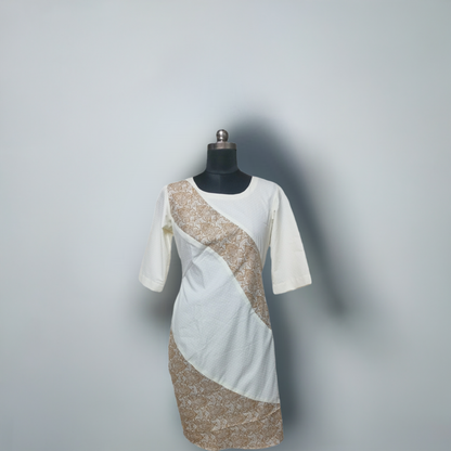 LATAREE White & Beige A-Line Panel Dress – Sophisticated Comfort for Every Occasion