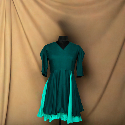 Teal Two-Tone Flared Dress with Statement Sleeves - Lataree