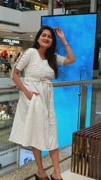 Green Check Cotton A line Dress with Pockets for Women