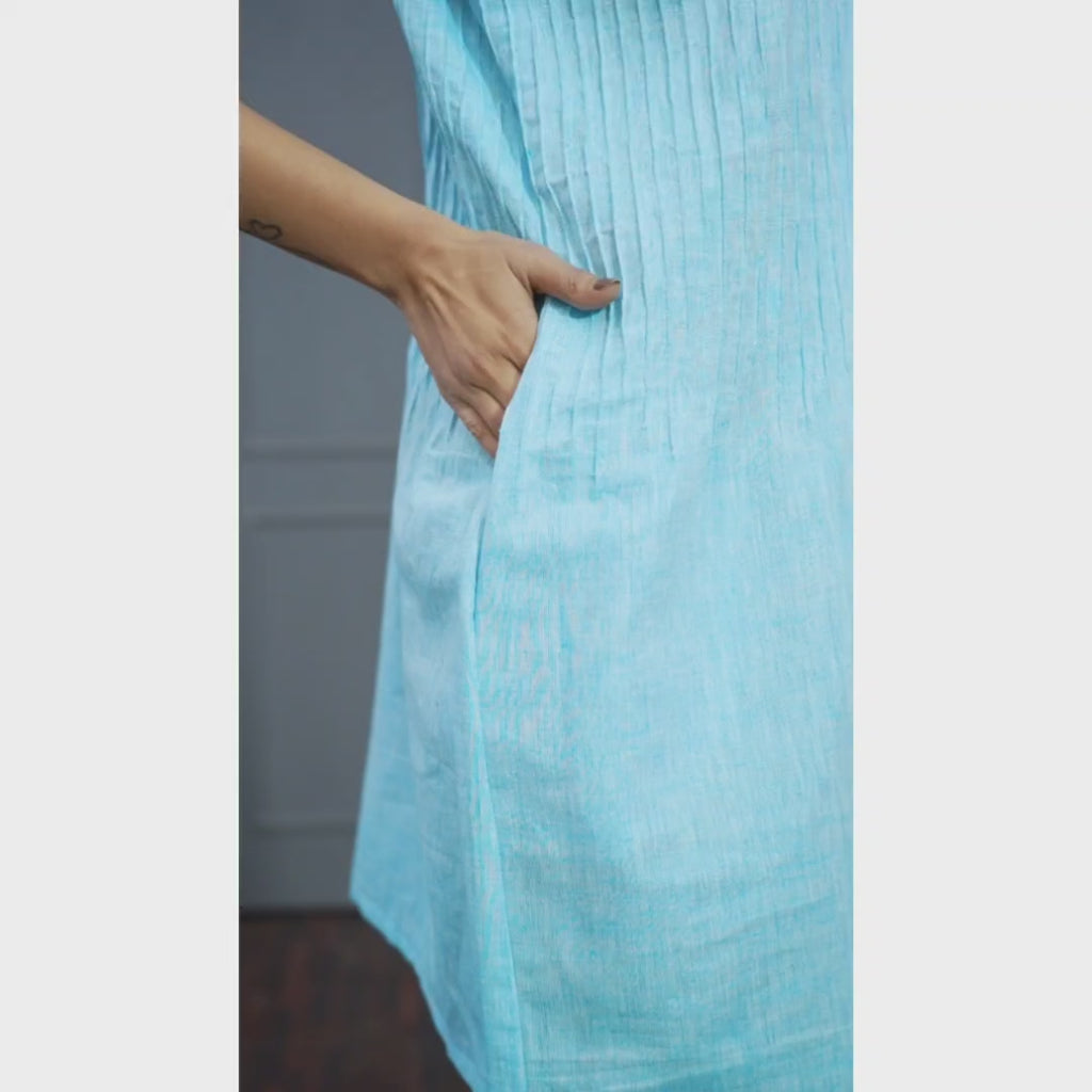 Sky Blue Linen Pintuck Short Dress with Pockets