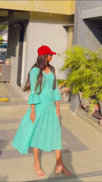 Aqua Blue Floral Embroidered Tiered Midi Dress