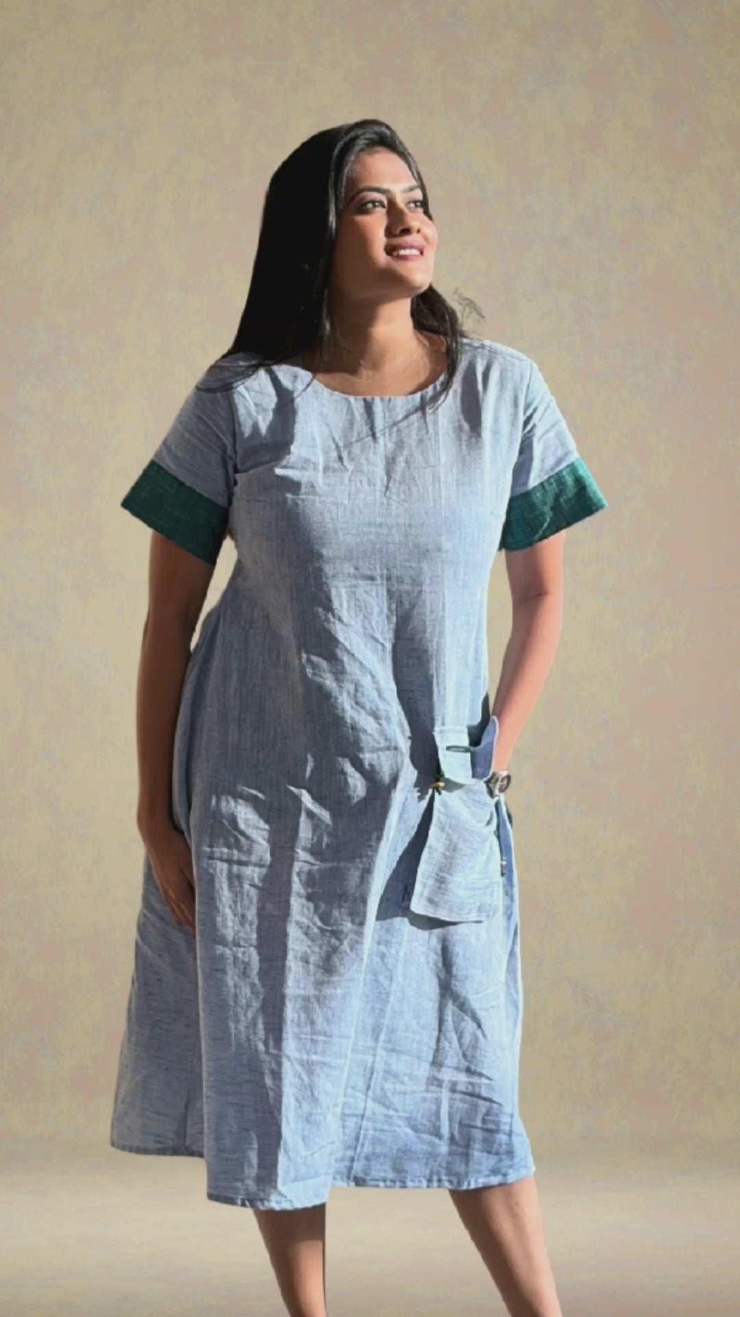 Blue Linen A-Line Dress with cargo pocket