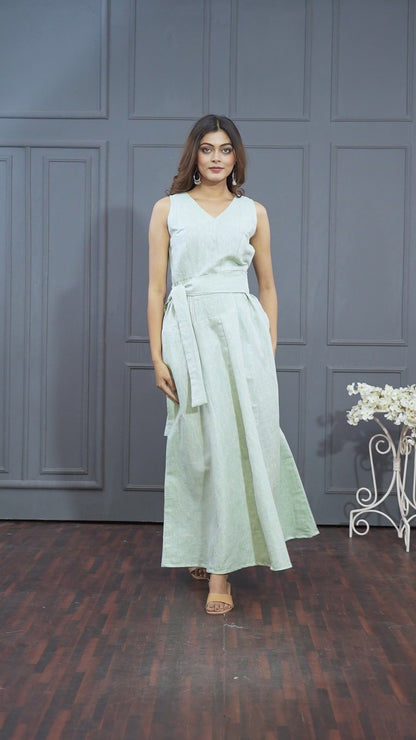 Green Linen Cotton Sleeveless Long Gown with Belt & Pocket - Lataree