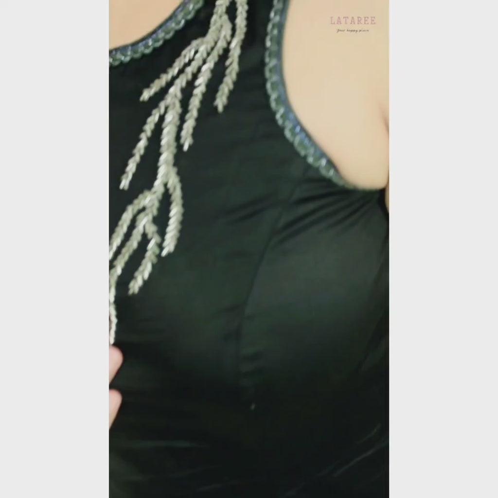 Black Satin Cotton Beaded Gown
