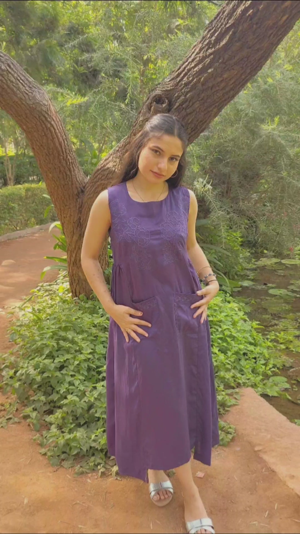 Purple Silk Midi Dress with Pockets for Women