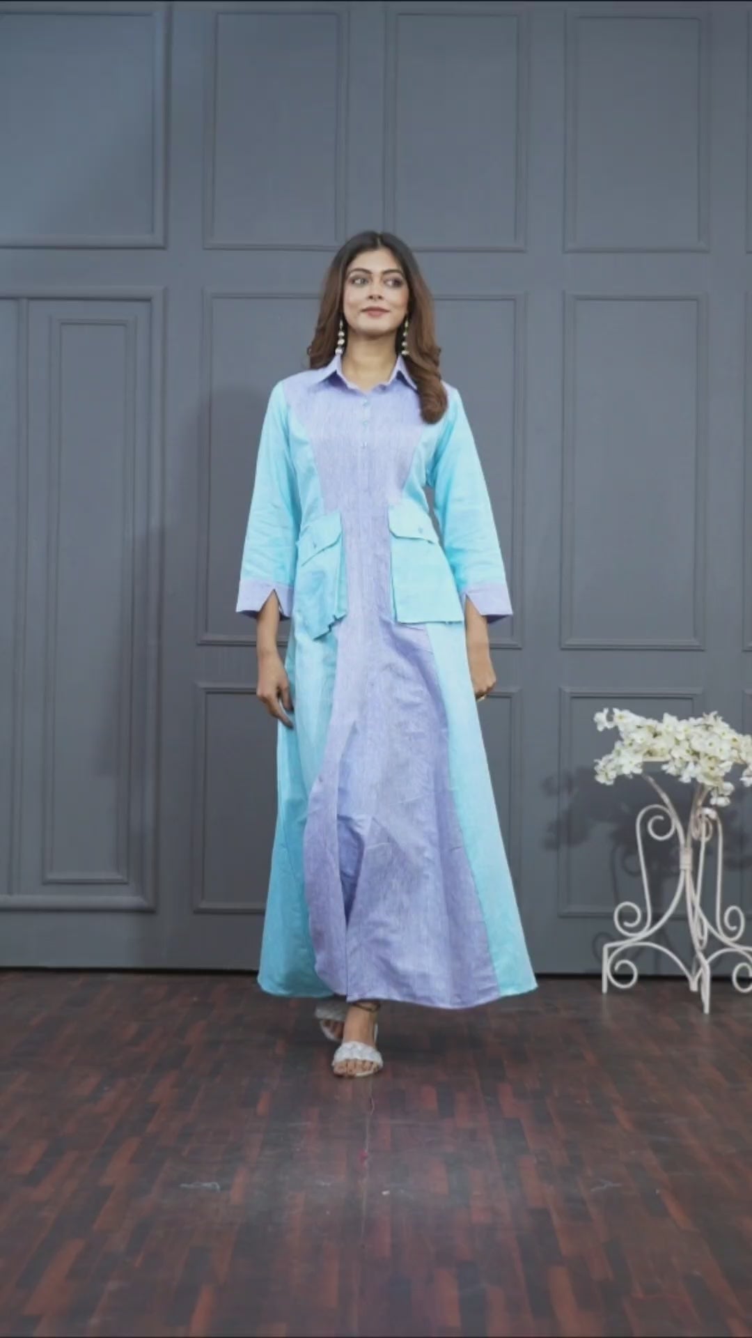 Ocean Mist Cargo Maxi Blue Linen Long Gown with Pockets