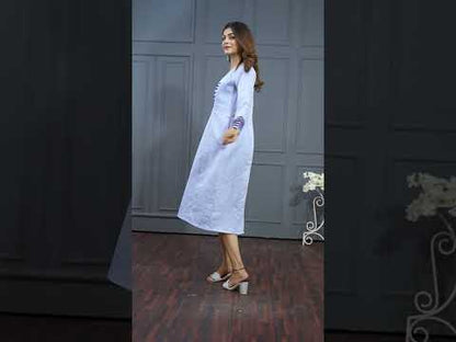 Powder Blue Linen Cotton A-Line Dress with Pockets - Lataree