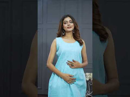 Sky Blue Linen Cotton Pintuck Short Dress with Pockets - Lataree
