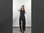 Black sleeveless gown with beaded slit
