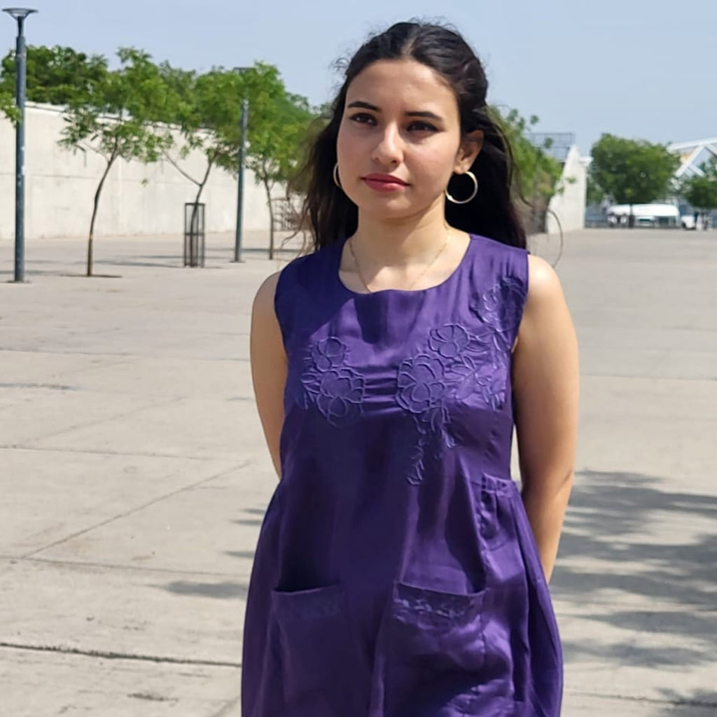 Purple Silk Midi Dress with Pockets for Women