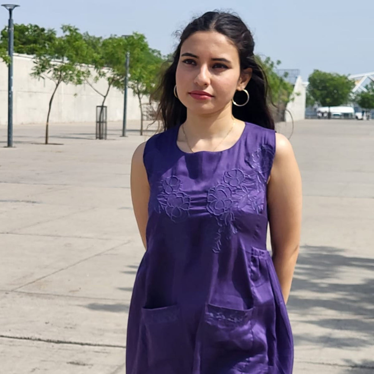 Purple Silk Midi Dress with Pockets for Women