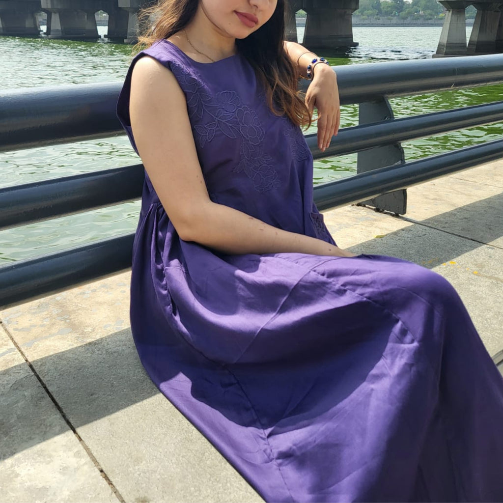Purple Silk Midi Dress with Pockets for Women