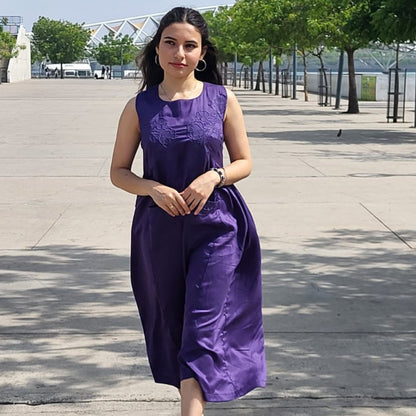 Purple Silk Midi Dress with Pockets for Women