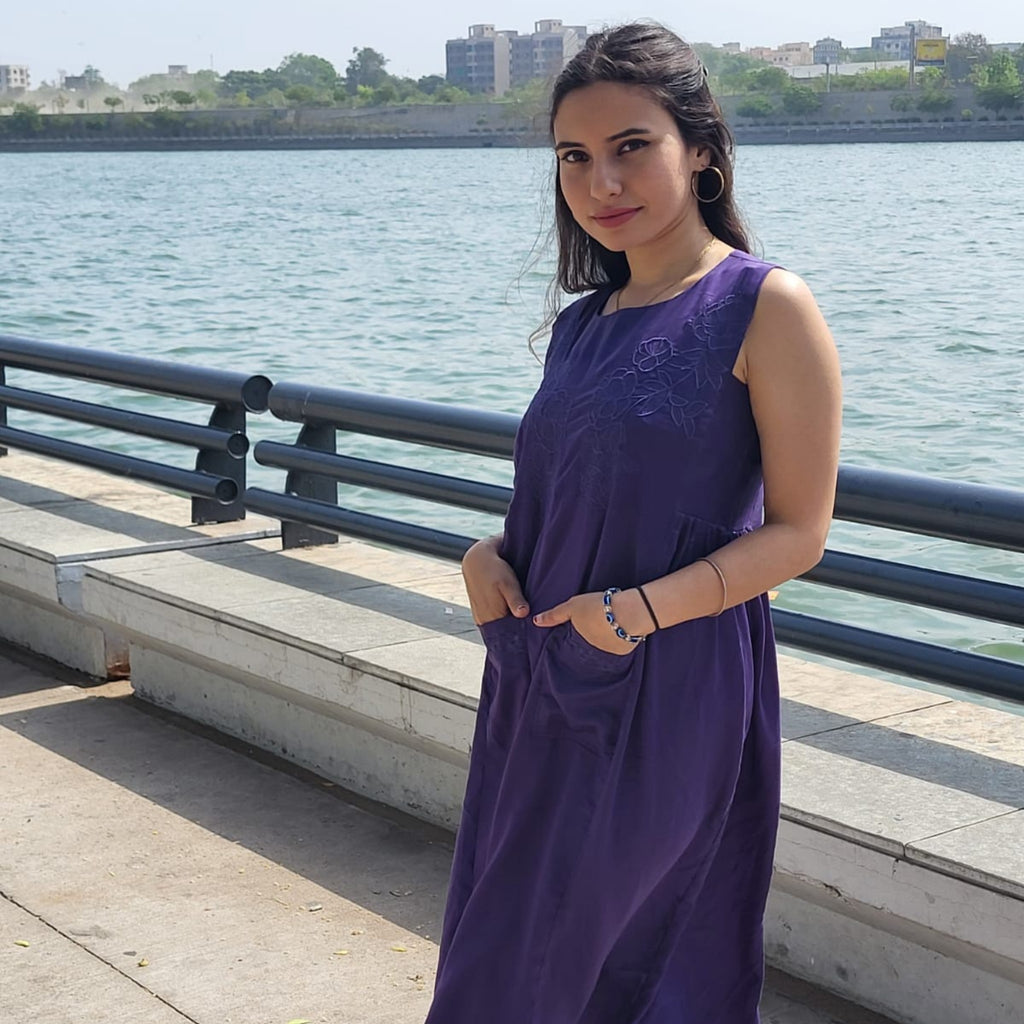 Purple Silk Midi Dress with Pockets for Women