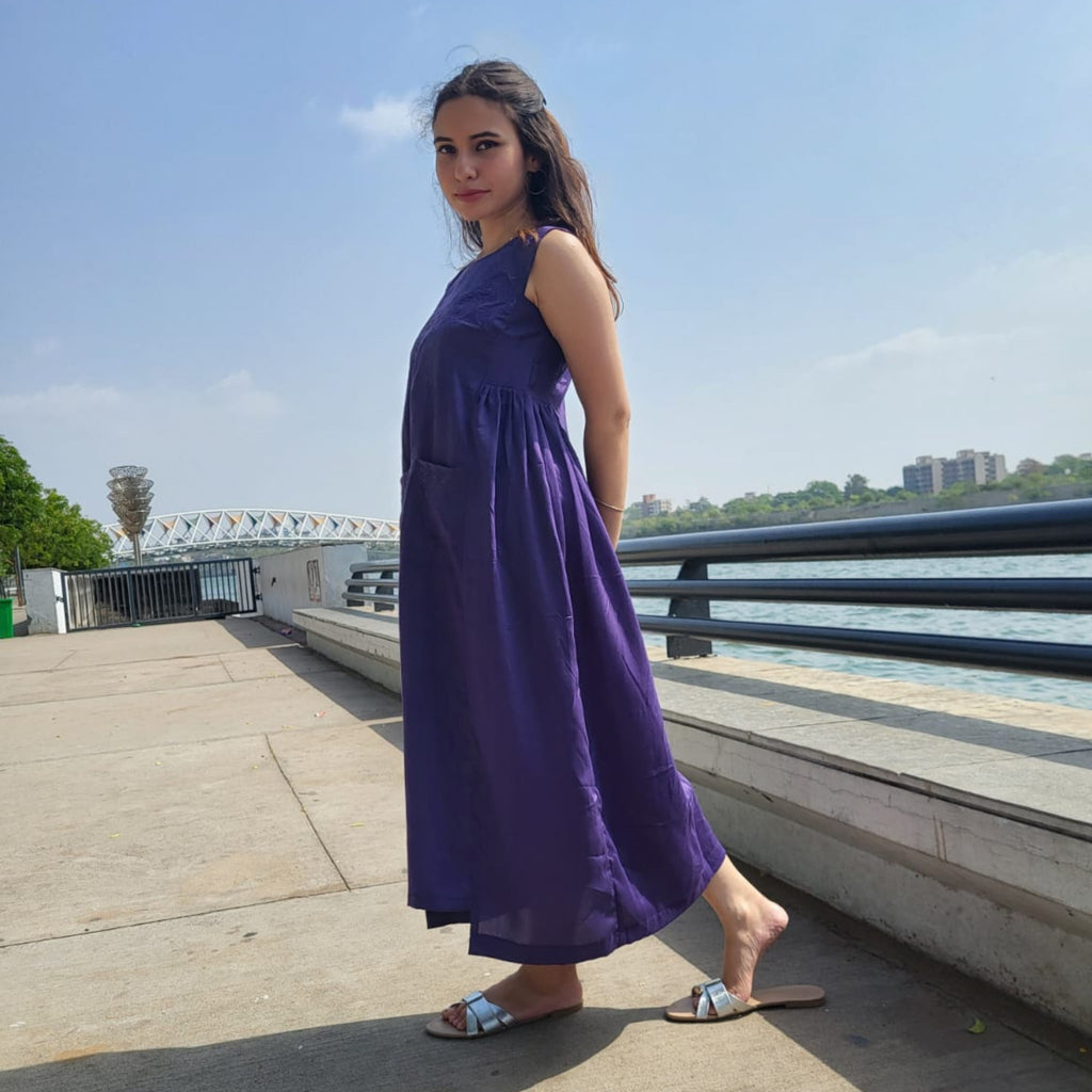 Purple Silk Midi Dress with Pockets for Women