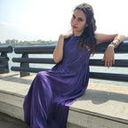Purple Silk Midi Dress with Pockets for Women