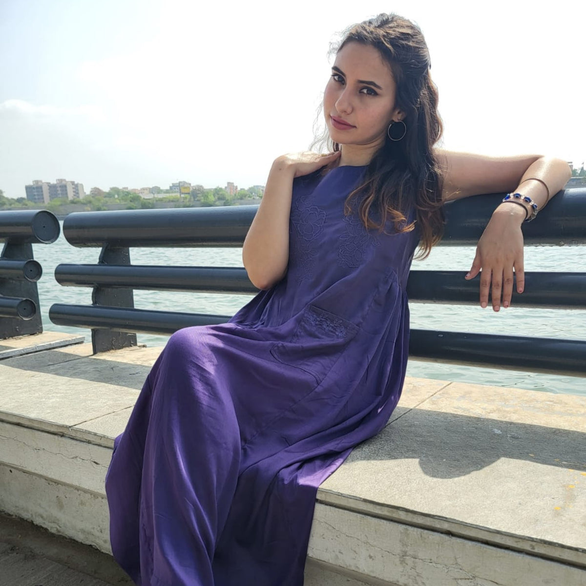 Purple Silk Midi Dress with Pockets for Women