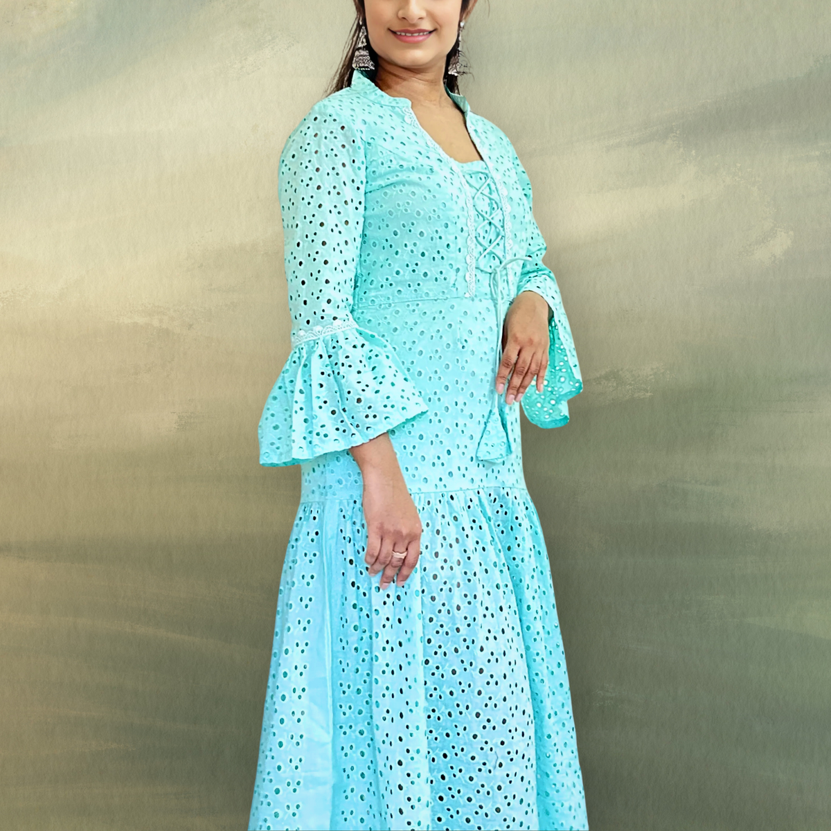 Aqua Blue Floral Embroidered Tiered Midi Dress