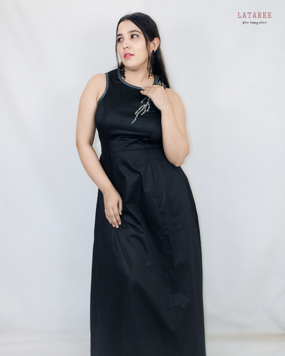 Black Satin Cotton Beaded Gown - Lataree
