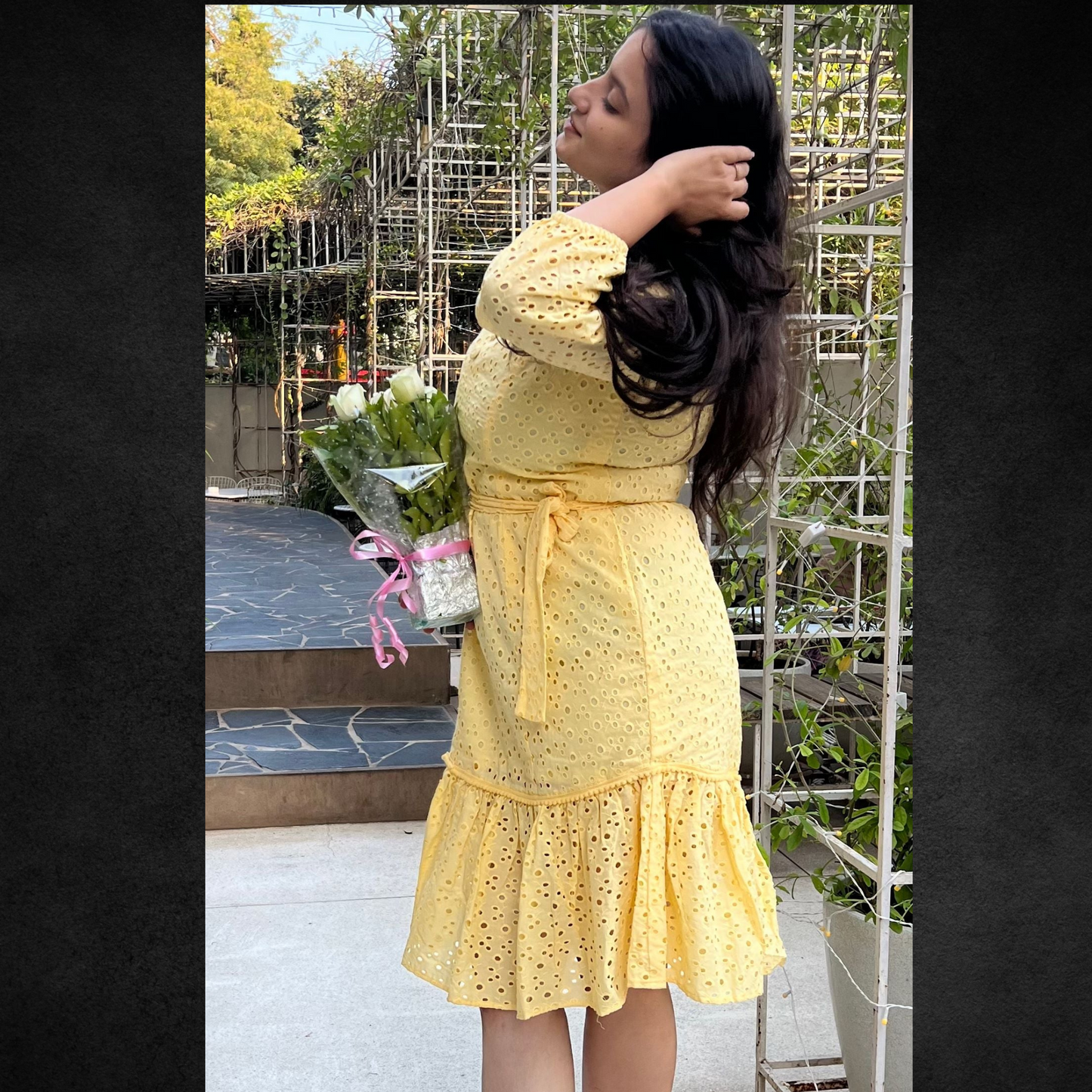Yellow Full-Sleeve Eyelet Tiered midi Dress - Lataree