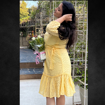 Yellow Full-Sleeve Eyelet Tiered midi Dress - Lataree