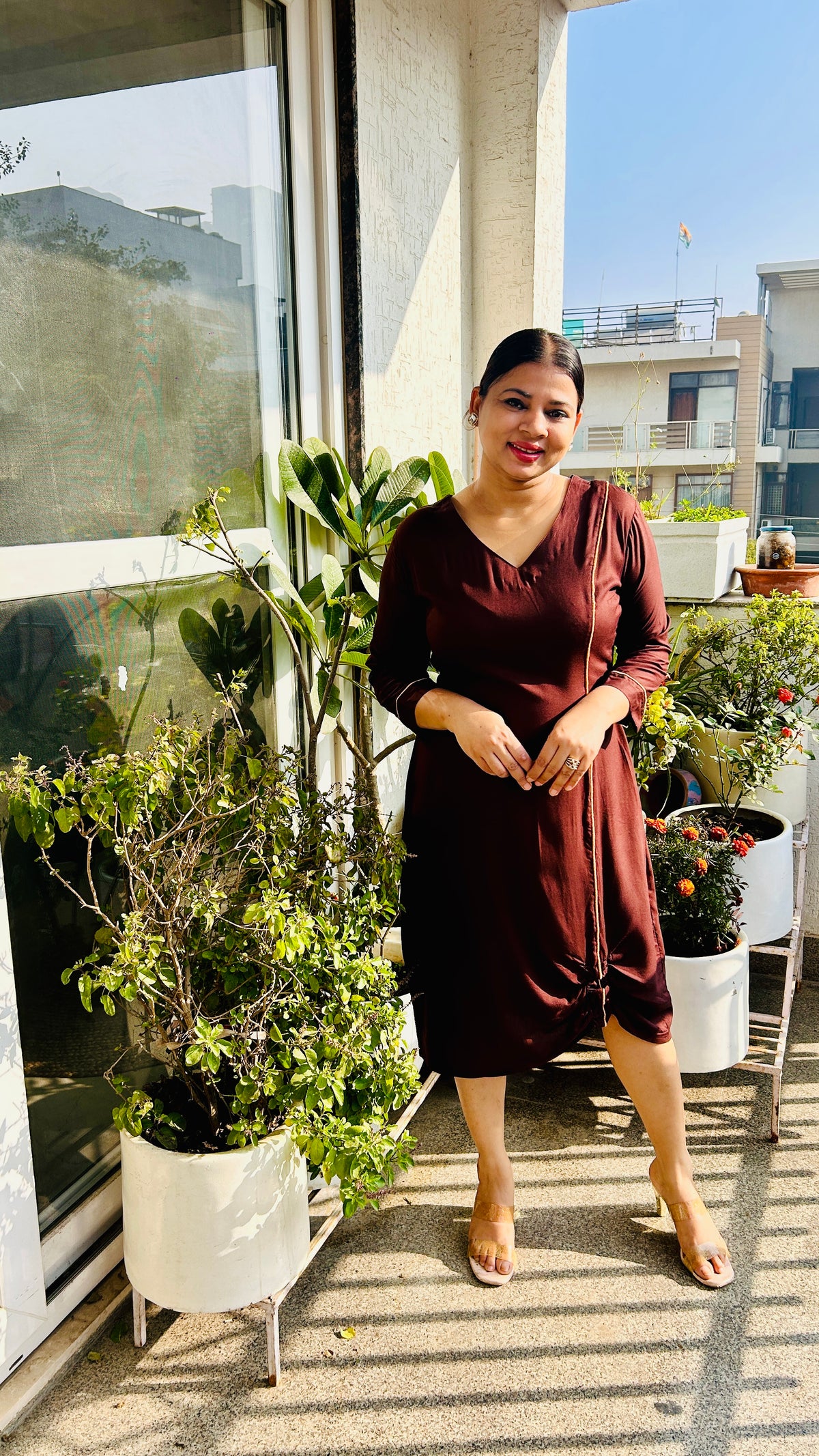 Chocolate Brown Bodycon Dress with Gathered Hem - Lataree