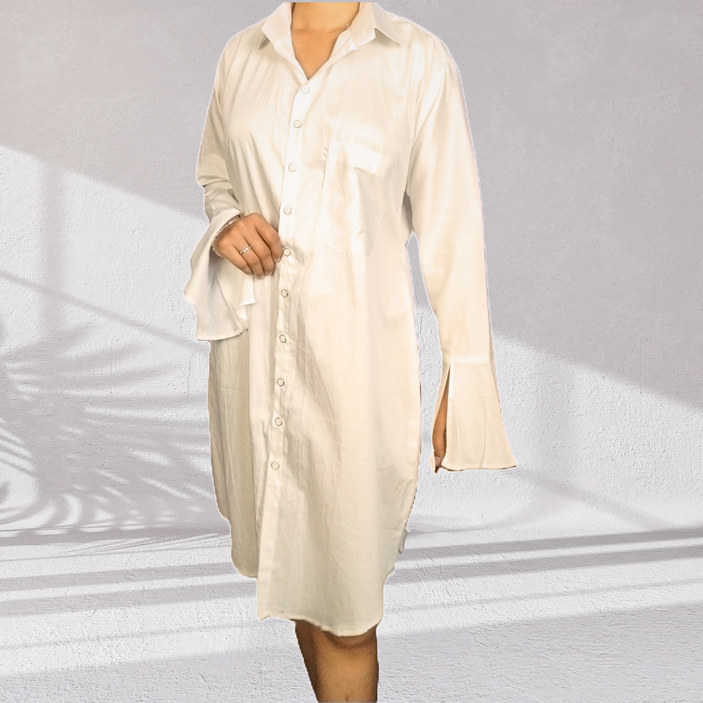 White Jama Cotton Shirt Dress with Flared Sleeves