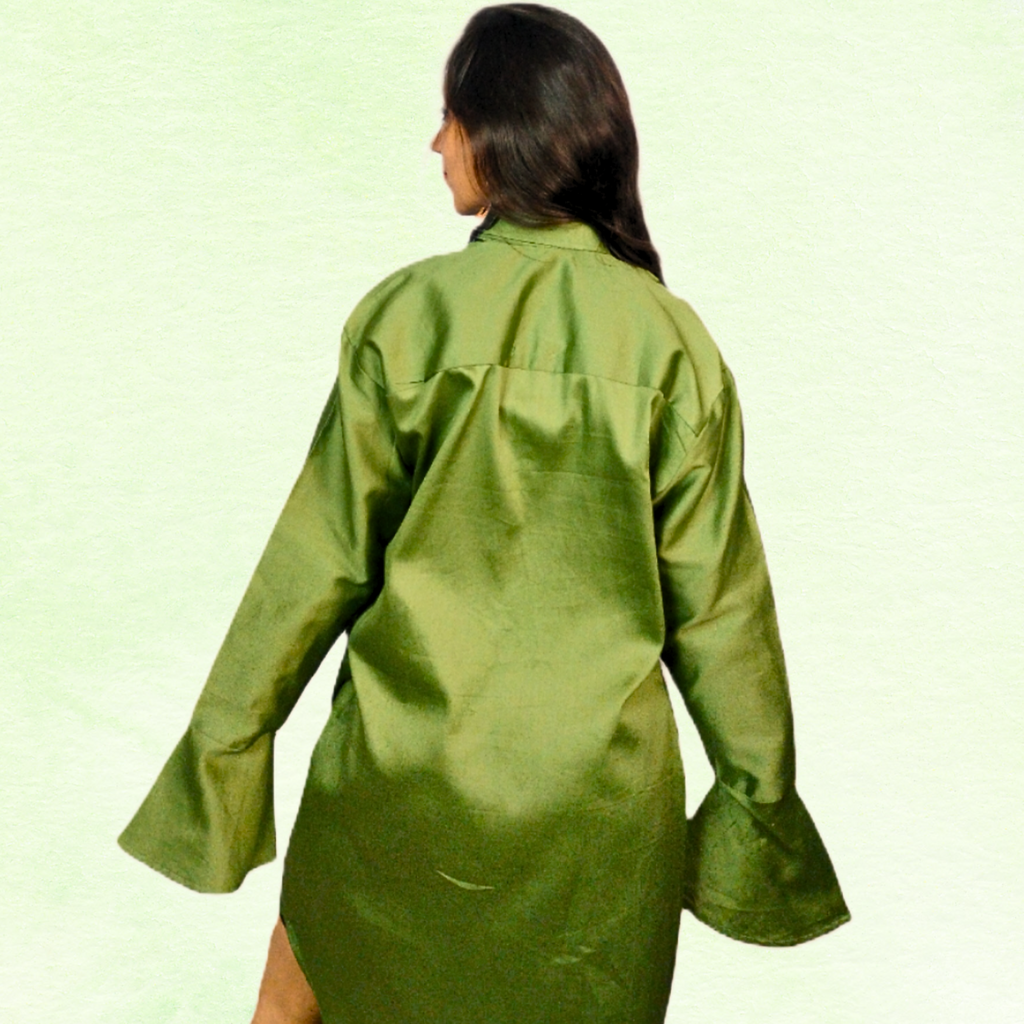 Green Shirt Dress with Flared Sleeves & Comfortable Fit