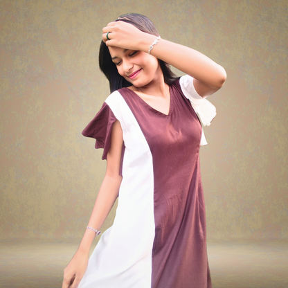 Coffee Brown & White Panel  Midi Dress - Lataree