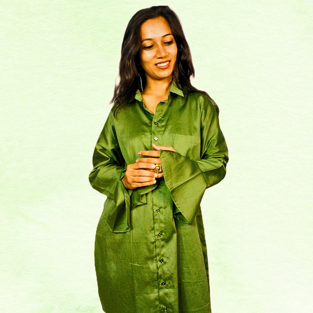 Green Shirt Dress with Flared Sleeves & Comfortable Fit