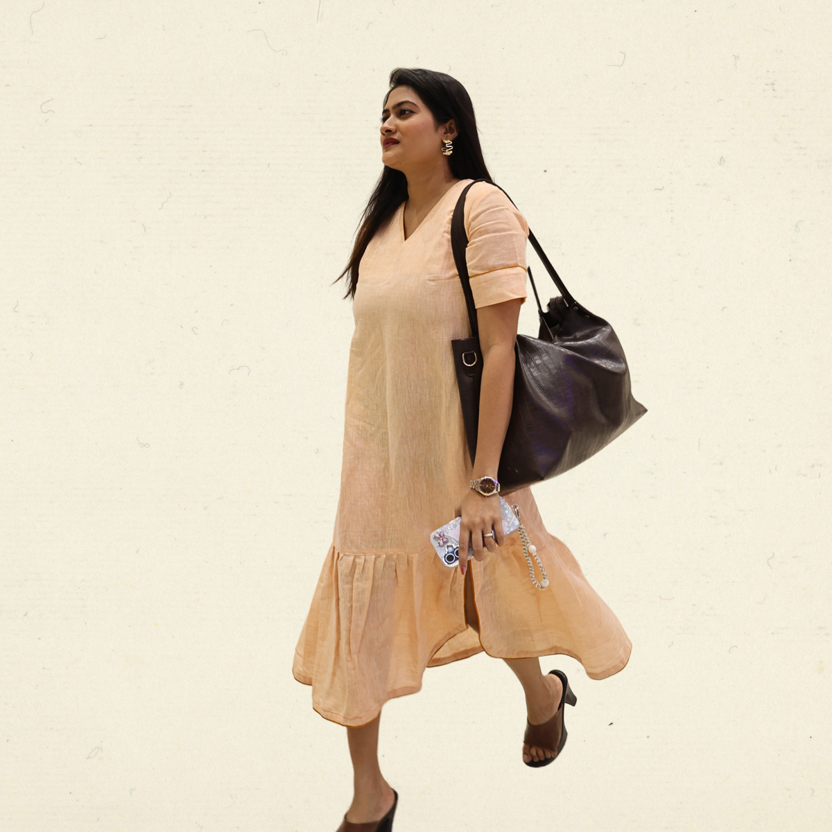 Peach Linen Midi Dress with Pockets for Women
