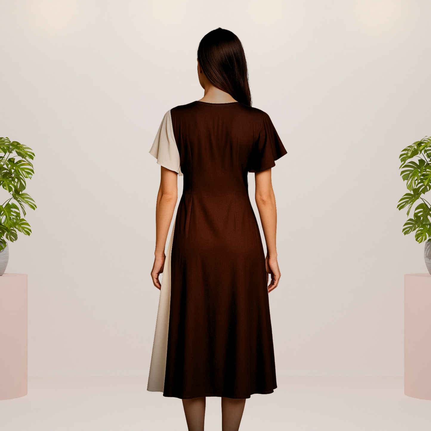 Coffee Brown & White Panel  Midi Dress - Lataree