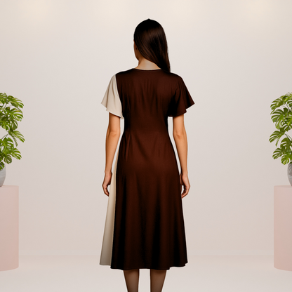 Coffee Brown & White Panel  Midi Dress - Lataree