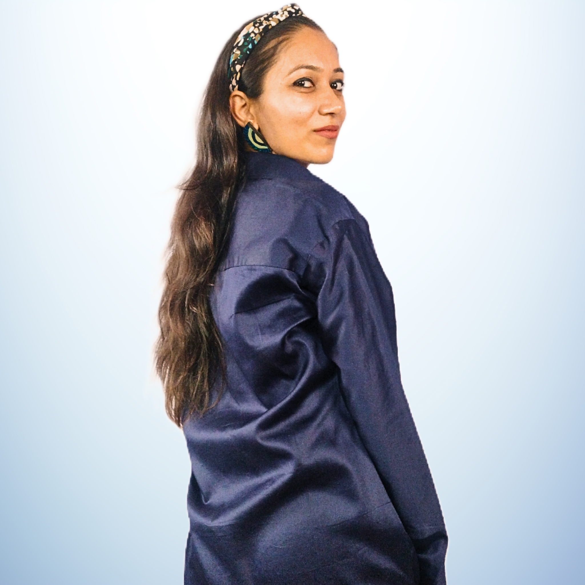 Cobalt Blue Jama Cotton Shirt Dress with Flared Sleeves
