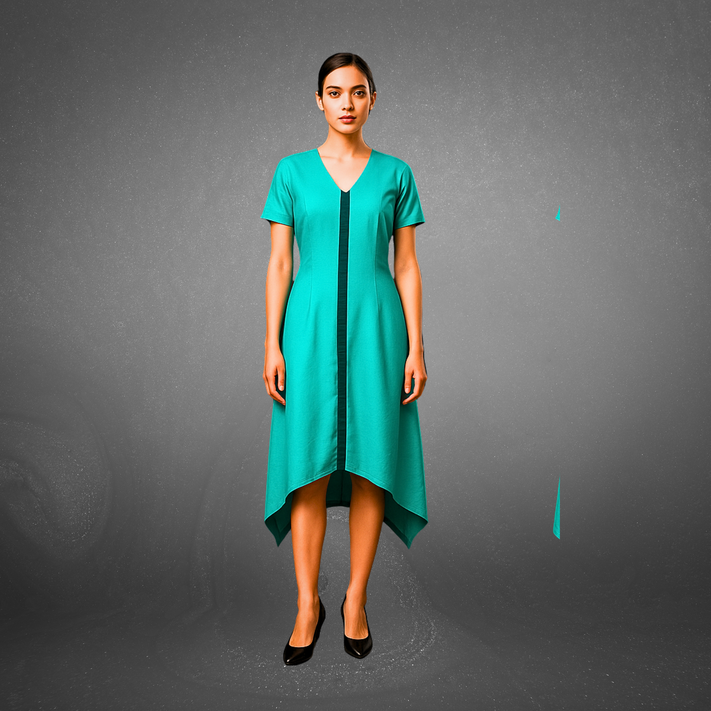 Teal A-Line Dress with Contrast Front Strip - Lataree