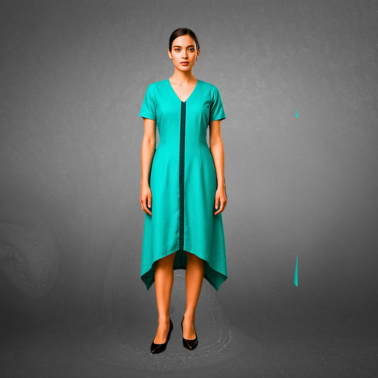 Teal A-Line Dress with Contrast Front Strip - Lataree