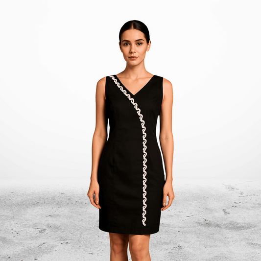 Black cotton Wrap-Style A-line Dress with White Embroidered Trim - Lataree