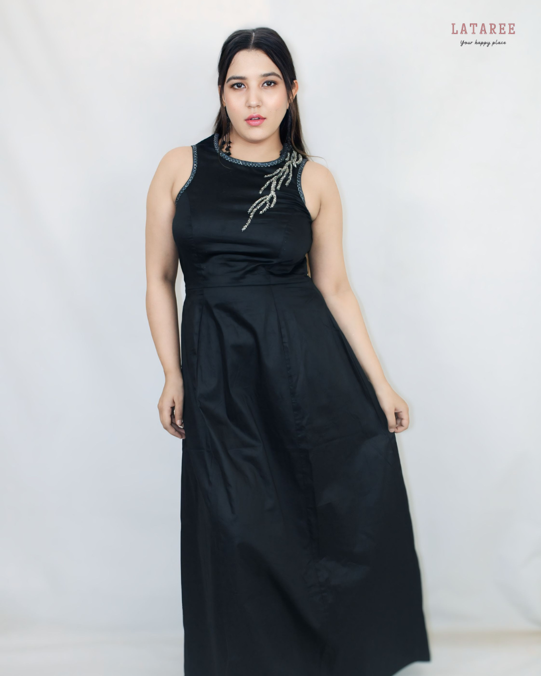 Black Satin Cotton Beaded Gown - Lataree