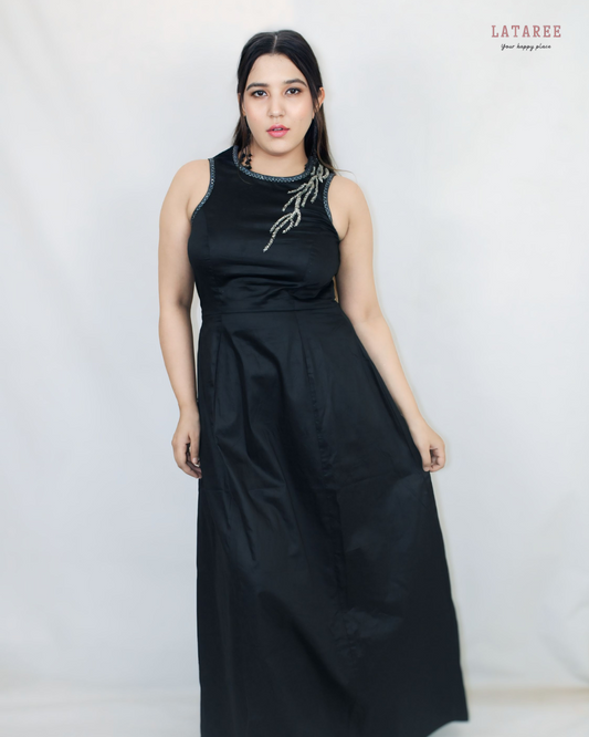 Black Satin Cotton Beaded Gown - Lataree