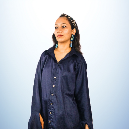 LATAREE Cobalt Blue Jama Cotton Shirt Dress with Flared Sleeves – Comfortable & Elegant