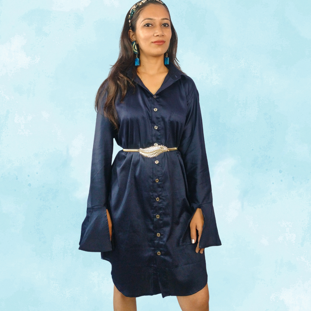 Cobalt Blue Jama Cotton Shirt Dress with Flared Sleeves